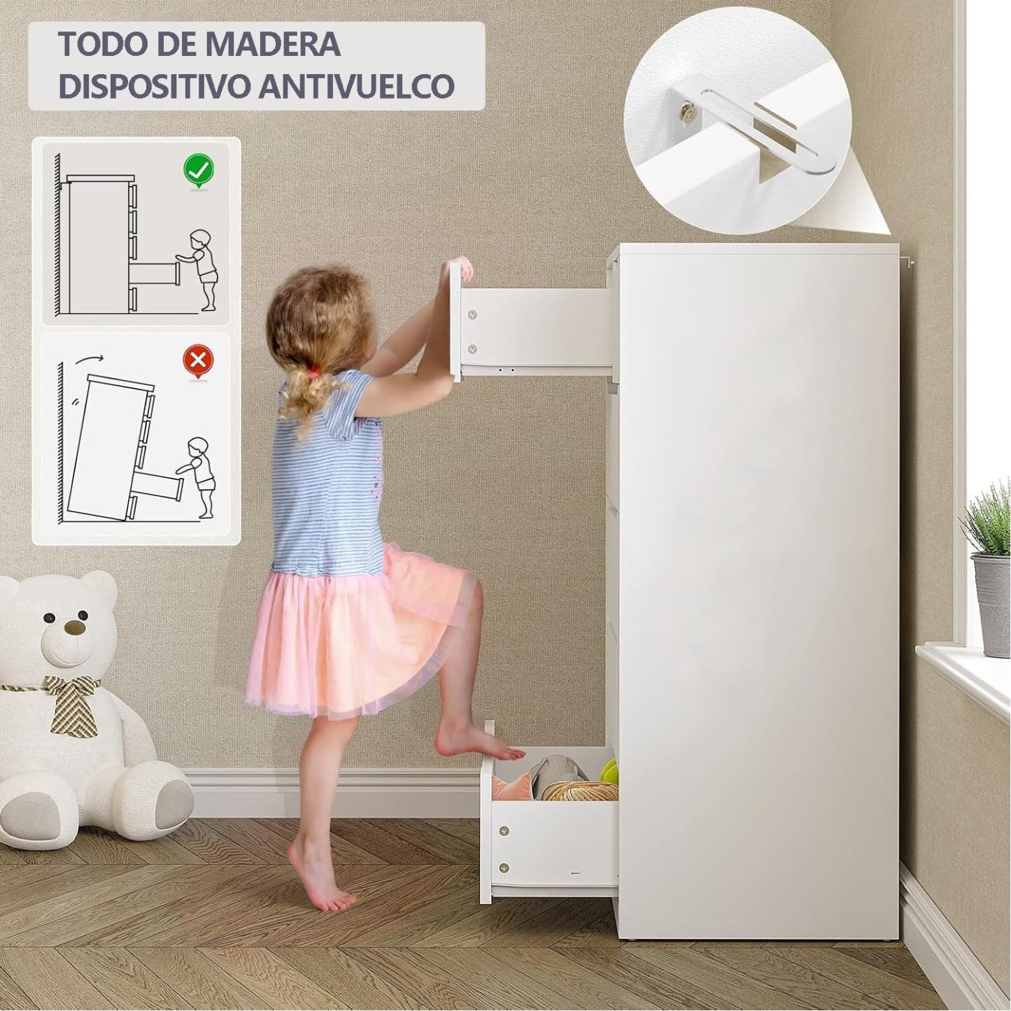UNKKS Cajonera para Recamara para Hogar Y Oficina, Cómoda de 6 Cajones de Madera y riel de Metal Liso,Cómoda de Madera Grande y Cómoda para Recámara 70 * 40 * 110CM (Negro)