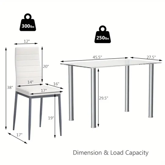 Conjunto de comedor de 5 piezas, mesa y 4 sillas, muebles de cocina y desayuno de vidrio y metal.