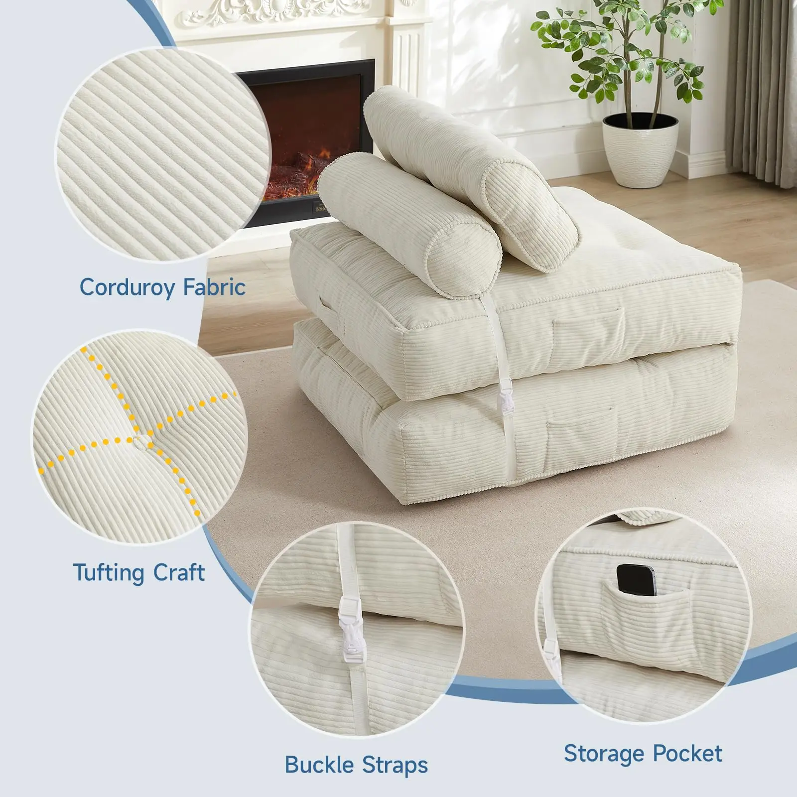 Sofá cama plegable con almohada, sillón convertible con respaldo de apoyo, silla cama plegable portátil de pana, cómodo sofá lounge de suelo para sala de estar — Individual