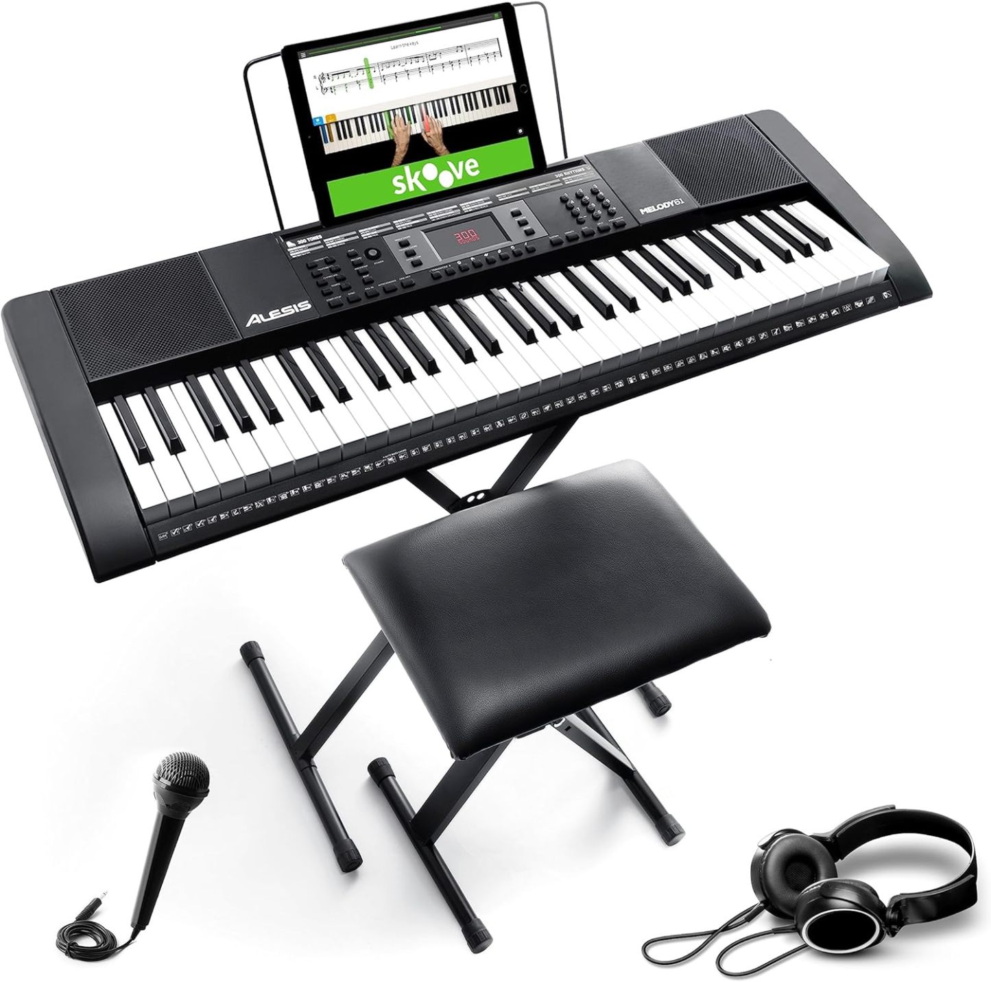 Alesis Melody 61 - Piano eléctrico con 61 teclas, Teclado Musical con altavoces, audífonos, micrófono, soporte para piano, atril y taburete