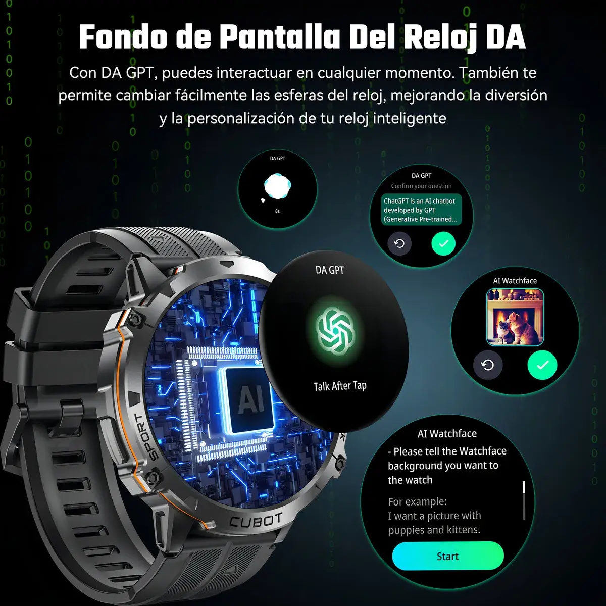 CUBOT X3 Reloj inteligente Cubot X3 Smartwatch con Llamadas y IA ChatGPT 100 Días Batería Resistente Agua Reloj Militar​ para Hombre Negro A