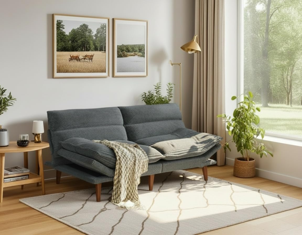 AMADA Sofá Cama Futón Convertible de 66", Juego de Futón Plegable de Pana con Respaldo y Reposabrazos Ajustables, Sillón Reclinable para Sala de Estar, Departamento u Oficina, Marco de Madera Sólida