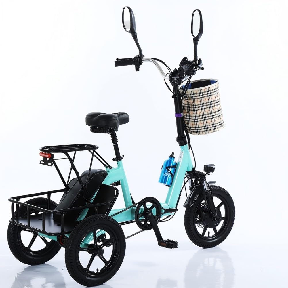 Triciclo eléctrico para adultos, neumático de 14 pulgadas, 3 ruedas, plegable, motor E, 48 V, 350 W, batería extraíble de 10.4 AH, pantalla LCD, bicicleta eléctrica todo terreno de tres ruedas,