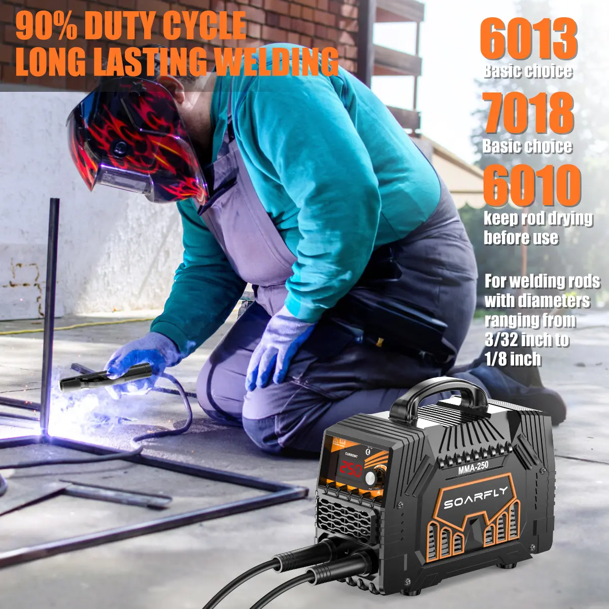 Soldadora SOARFLY 110/220V 250A con gran pantalla LED, mini soldadora de 5000 vatios con pinzas para electrodos, pinza de tierra, cepillos de alambre, varillas y guantes.