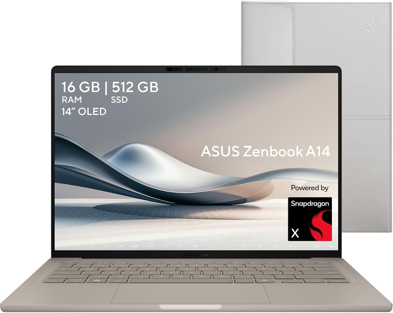 ASUS Laptop Zenbook A14/14 OLED/Snapdragon X X1 26 100/NPU hasta 45 TOPS/16GB RAM/512GB SSD/Cámara FHD con IR/Teclado Retroiluminado en Español/Funda(Garantía y Servicio en México)
