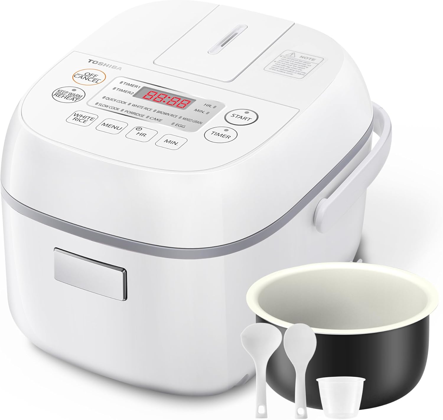 TOSHIBA Arrocera pequeña de 3 tazas sin cocinar, visualización LCD con 8 funciones de cocción: arroz, avena, frijoles mezclados y más, olla interior antiadherente, gris