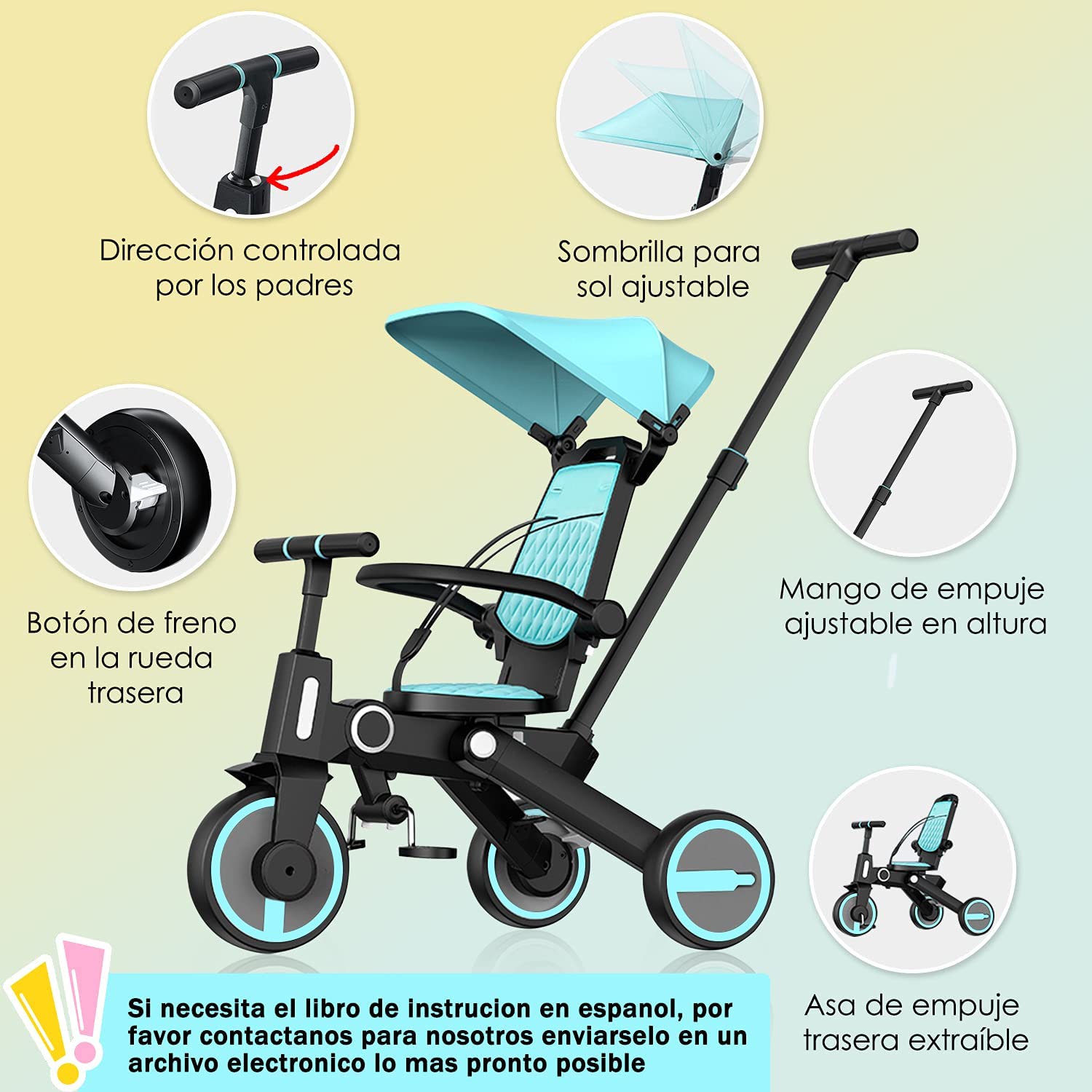 Triciclo de bebé 4 en 1, Bici polivalente, cochecito de dirección plegable, bicicleta de aprendizaje con barandilla desmontable, con toldo ajustable, arnés de seguridad, pedales plegable, freno, asa de empuje para padres, diseño de absorción de impactos,