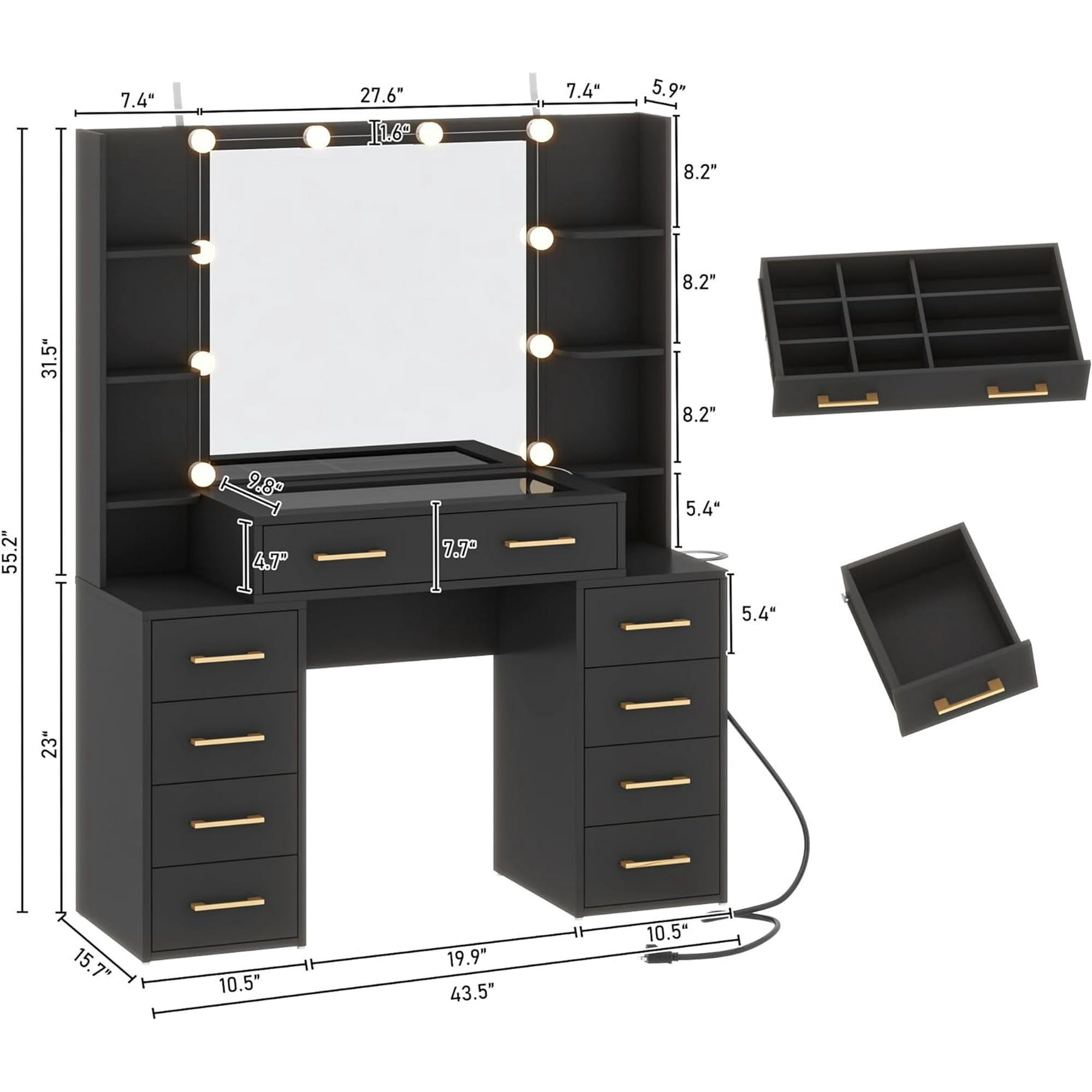 Tocador negro con espejo y luces LED, tocador con tapa de cristal con estación de carga y cajones de almacenamiento con compartimentos, mesa de tocador de maquillaje grande de 43 pulgadas con 9 cajones y 6 estantes
