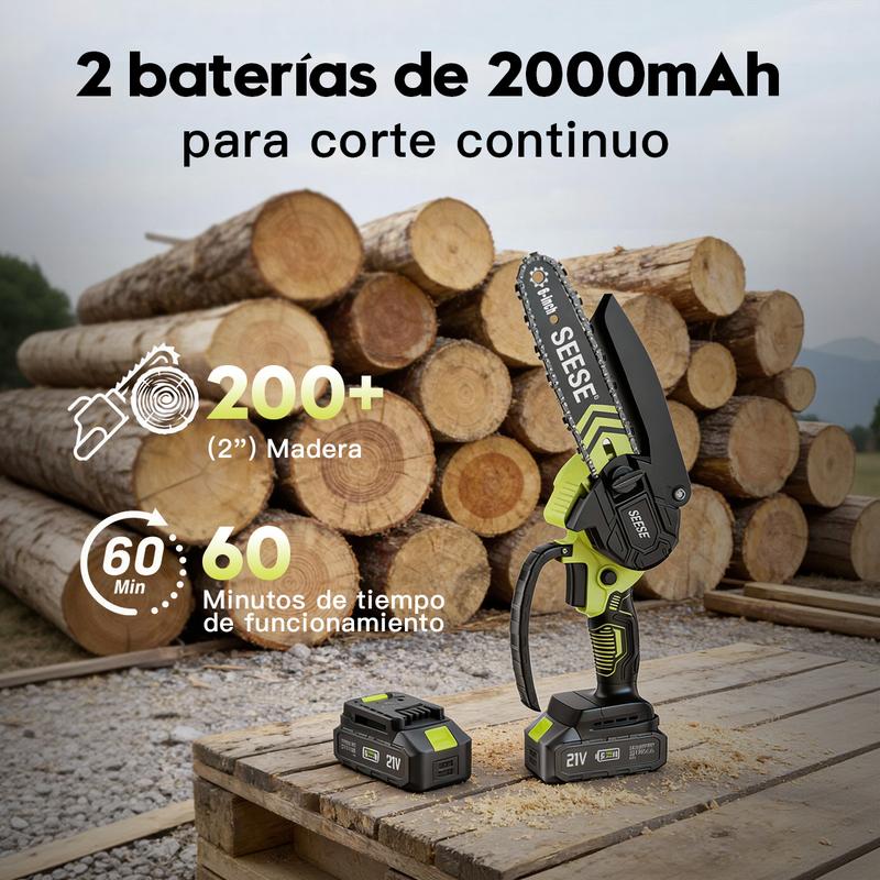 SEESE Mini motosierra inalámbrica 6”, motor sin escobillas, con 2 baterías de 2000 mAh – Ideal para poda, jardinería y corte de madera
