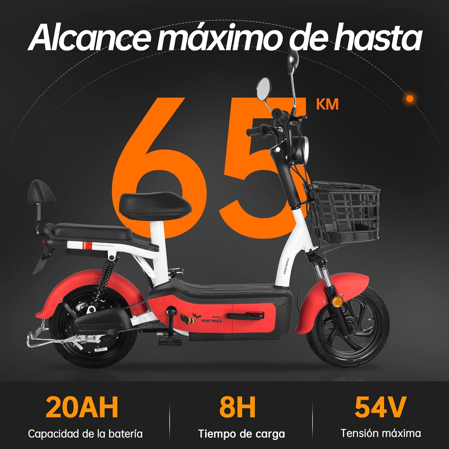 HONEYWHALE U1s Bicicleta Electrica para Adultos, Bicimoto Eléctrica con Alarma, Máxima del Motor 650W, Velocidad Máxima 31KM/H, Autonomía 60-65KM, Baterías de Gran Capacidad de 20AH, Dos Asientos