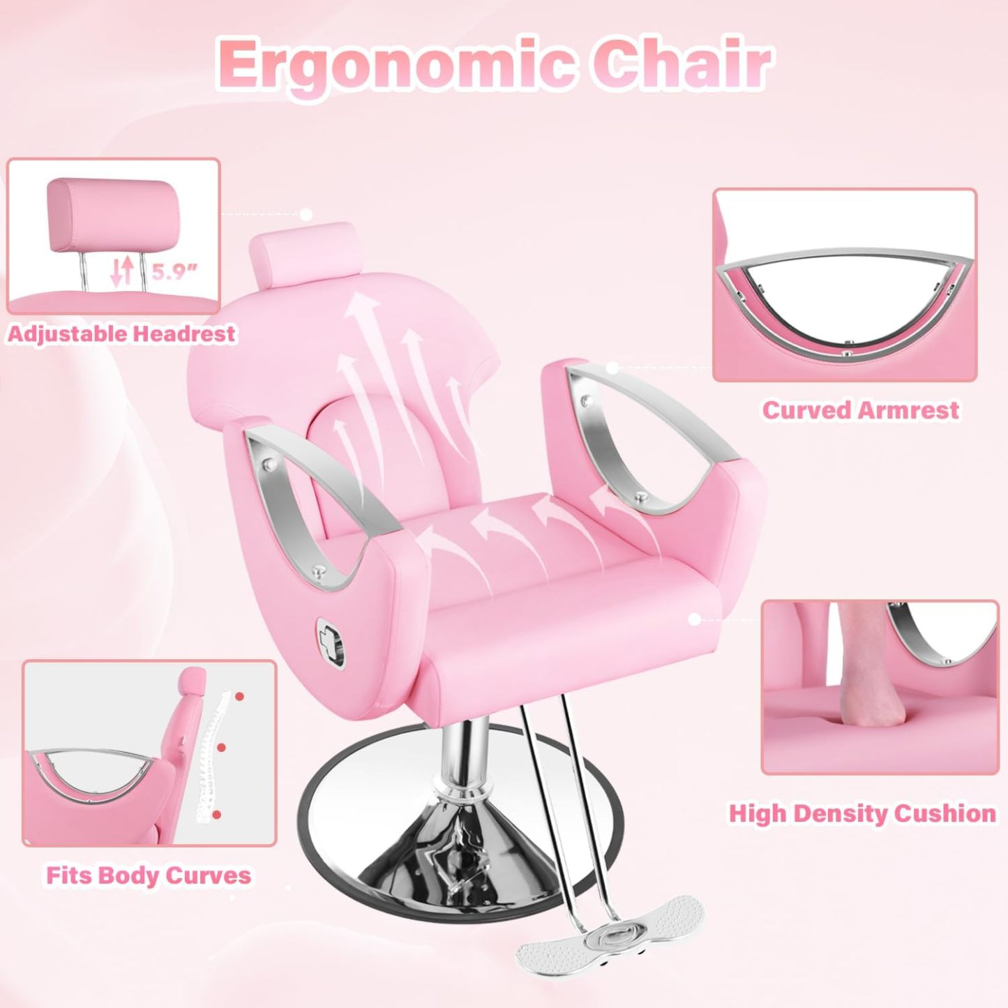 Silla de peluquero de salón, silla reclinable para peluquero, silla de peluquería con bomba hidráulica resistente, silla de peluquería giratoria de 360 grados para peluquería en casa, color rosa