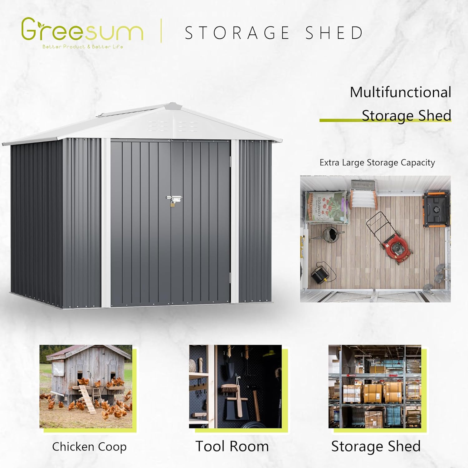 Greesum - Cobertizo de almacenamiento de metal para exteriores, 5 pies x 3 pies, herramienta de acero para cobertizo de almacenamiento con puerta y cerradura, para patio trasero, jardín, patio, césped (5 x 3 pulgadas), color café