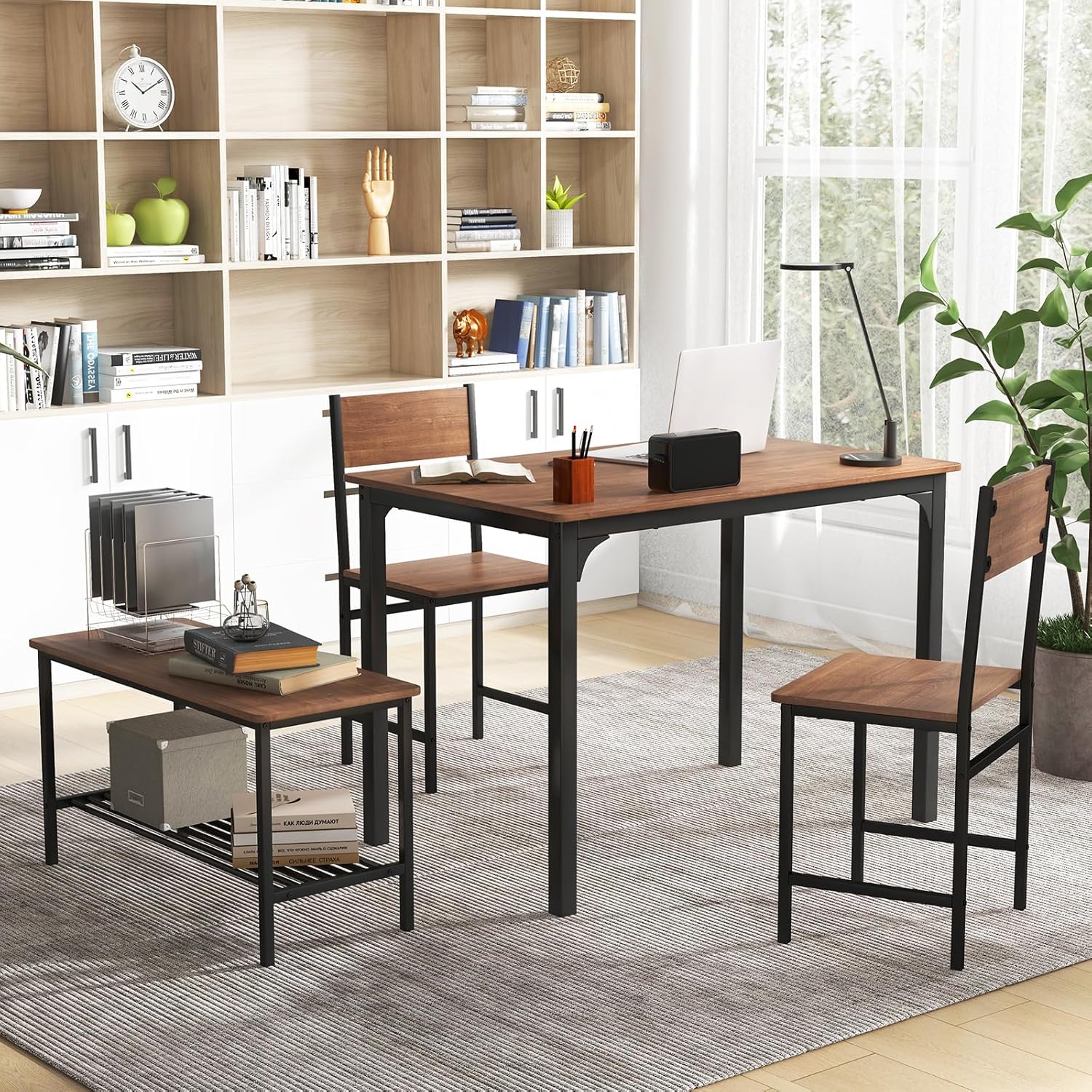 Giantex - Juego de mesa de comedor para 4, mesa de cocina con banco y sillas, banco industrial para reuniones, escritorio funcional, con marco de metal y estante de almacenamiento (marrón)