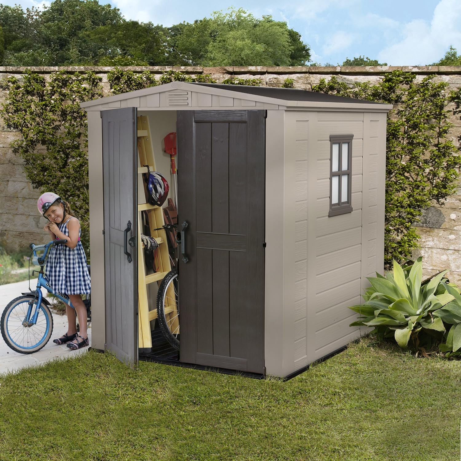 Keter Cobertizo de Almacenamiento Factor 6X6, para Exterior, Resistente A La Intemperie, Suelo Incluido,Polipropileno, Color Beige