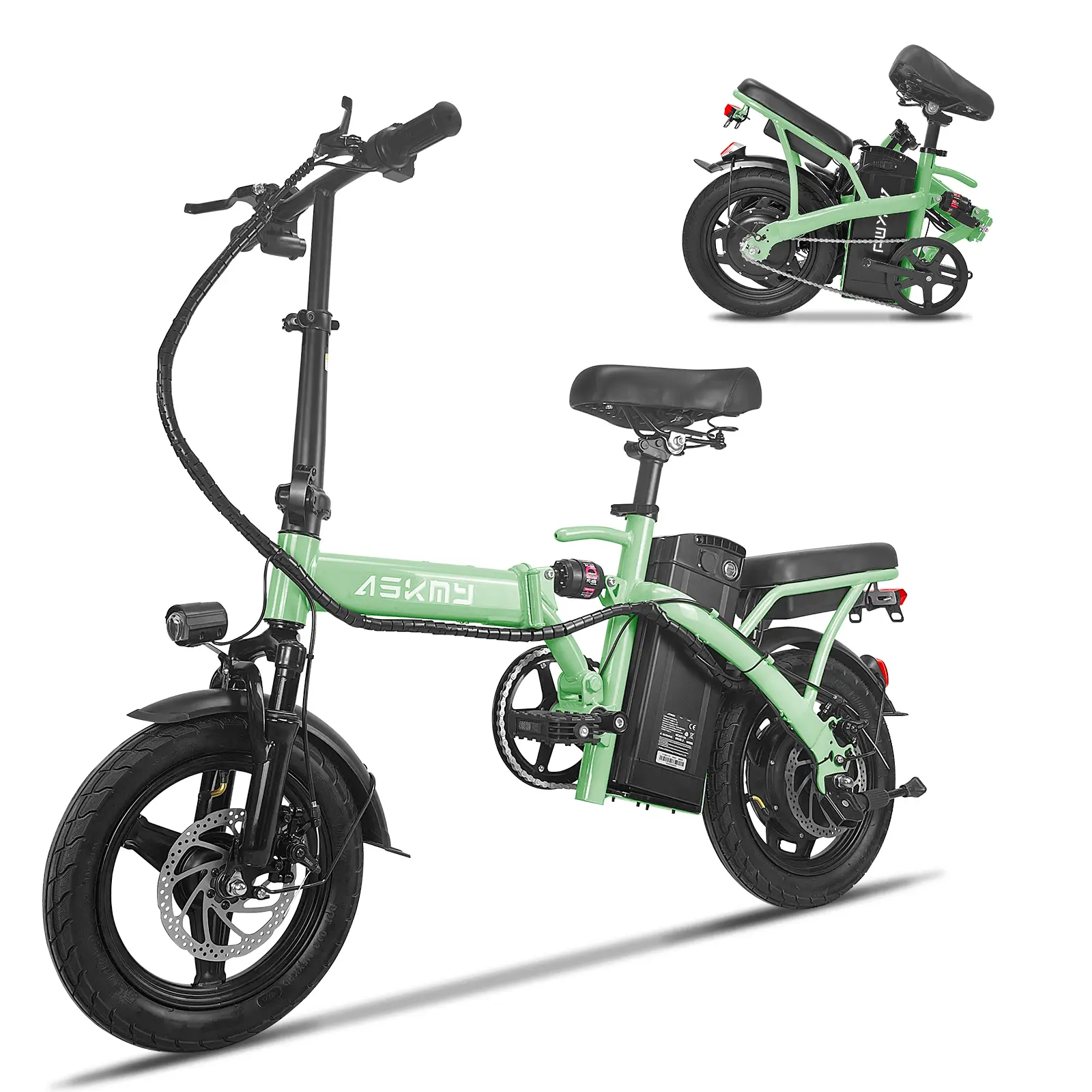 ASKMY E14 Bicicleta Eléctrica Plegable para Adultos, Motor de 750W–1000W Pico, Autonomía de hasta 45 Millas, Llantas Tubeless de 14", Frenos de Disco Dobles y Certificación UL