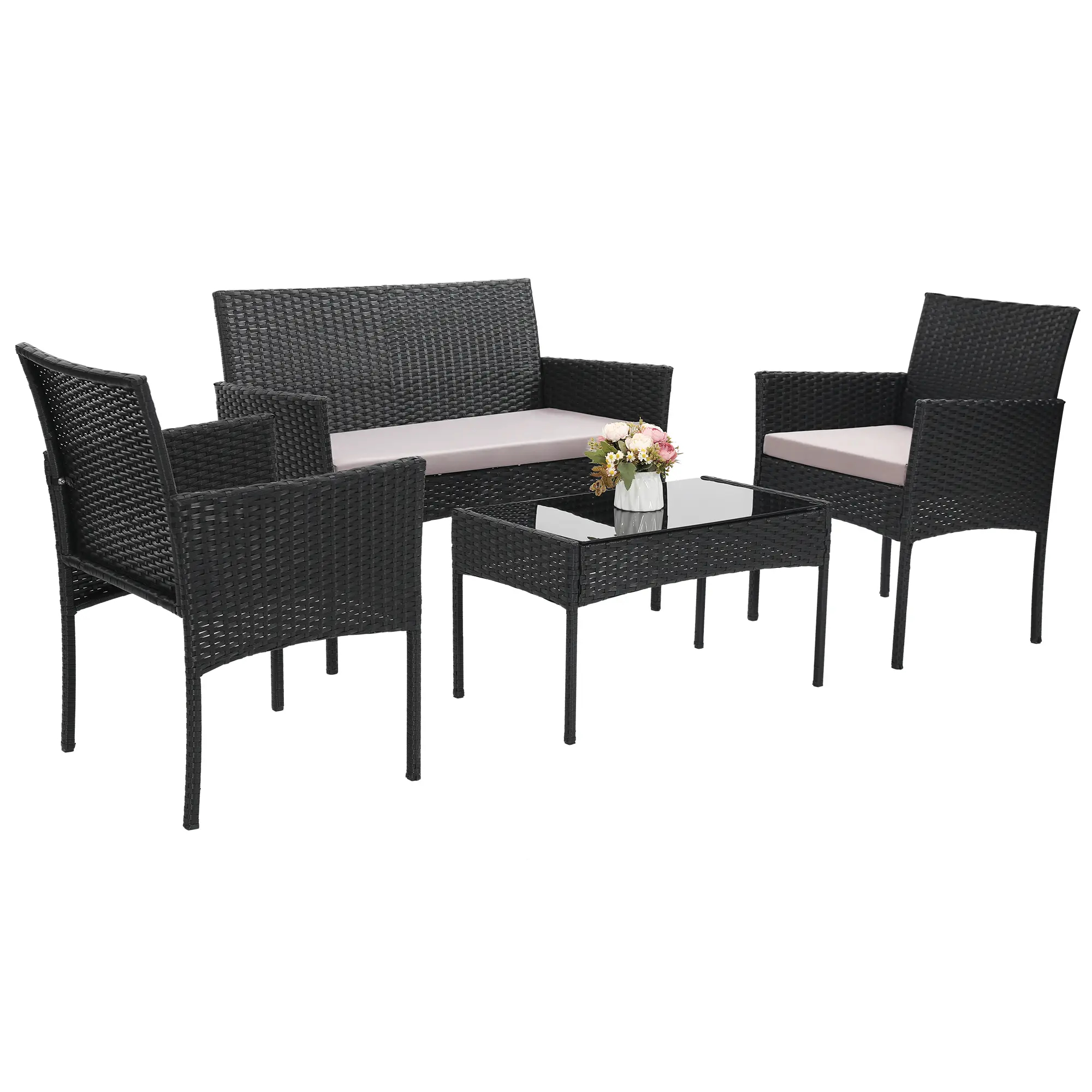 FDW - Juego de 4 Piezas de Muebles de Patio de Mimbre con Silla de ratán, Mesa de Centro para Exteriores, Interiores, jardín, Patio, Porche, terraza, balcón, Cojines de Mimbre Gris/Caqui