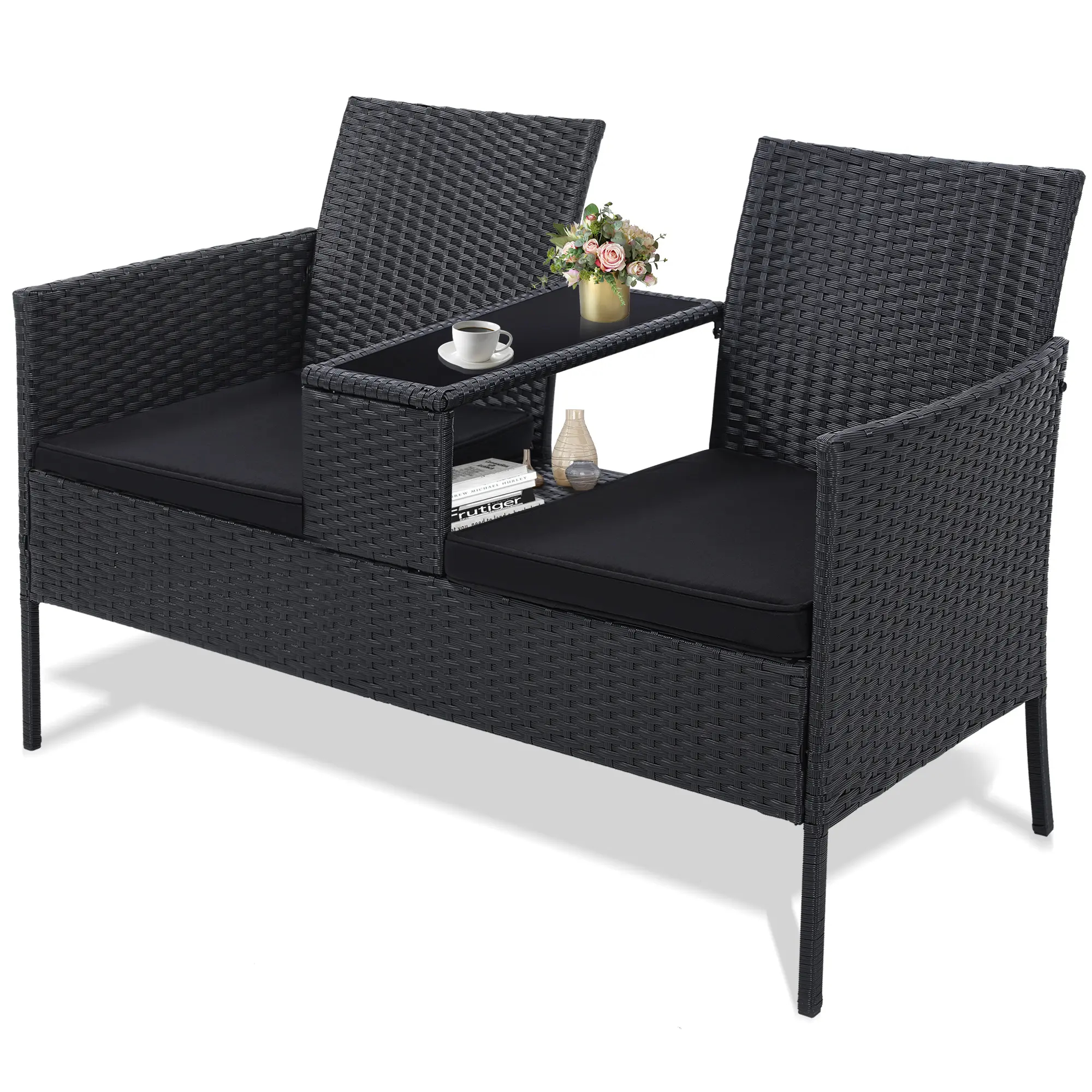 FDW - Juego de 4 Piezas de Muebles de Patio de Mimbre con Silla de ratán, Mesa de Centro para Exteriores, Interiores, jardín, Patio, Porche, terraza, balcón, Cojines de Mimbre Gris/Caqui