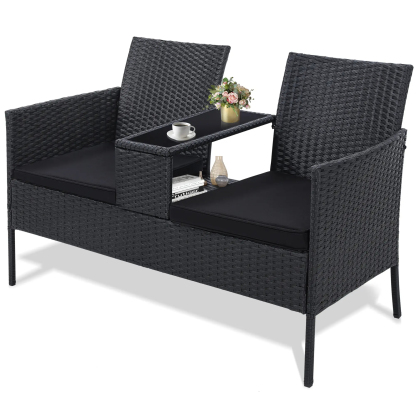 FDW - Juego de 4 Piezas de Muebles de Patio de Mimbre con Silla de ratán, Mesa de Centro para Exteriores, Interiores, jardín, Patio, Porche, terraza, balcón, Cojines de Mimbre Gris/Caqui