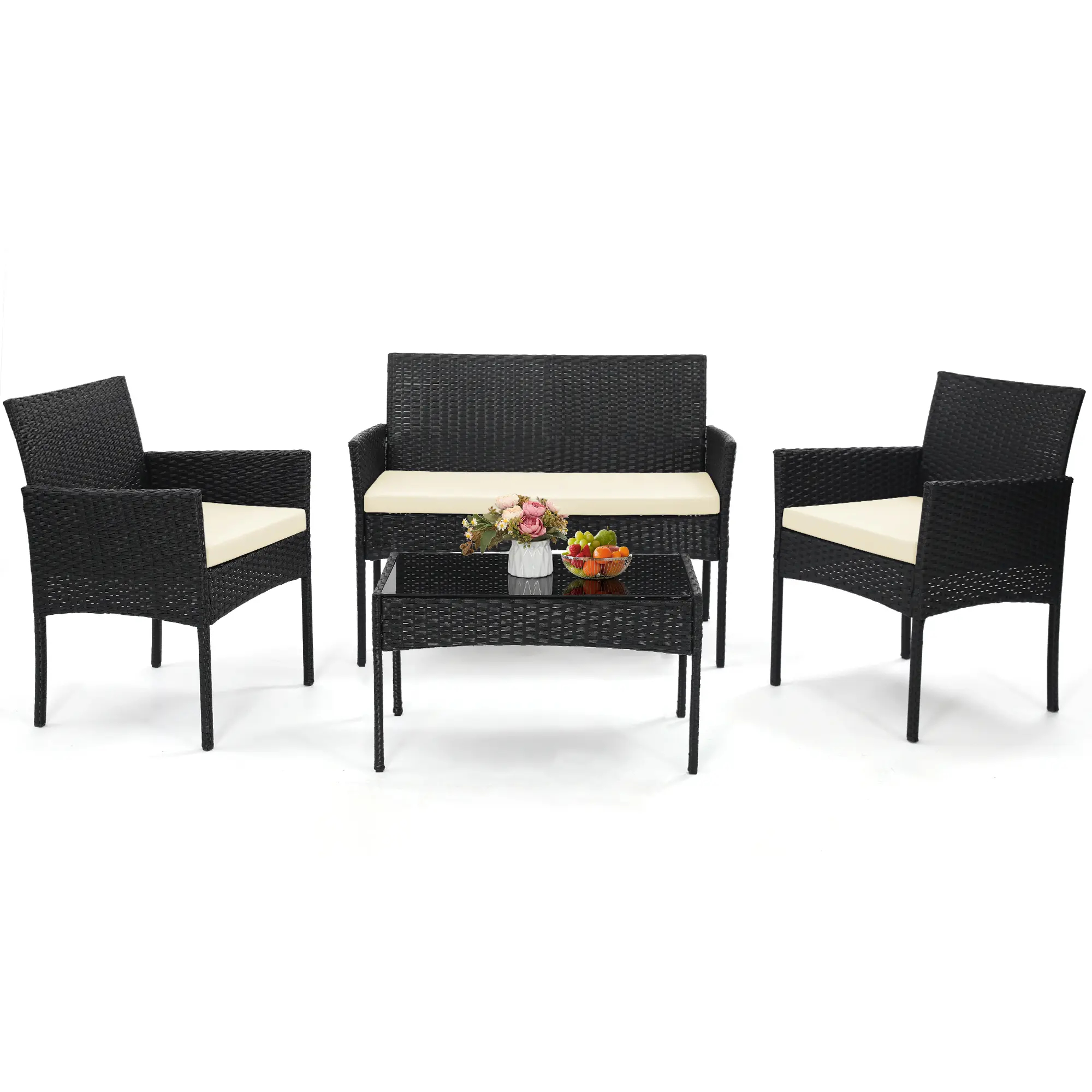 FDW - Juego de 4 Piezas de Muebles de Patio de Mimbre con Silla de ratán, Mesa de Centro para Exteriores, Interiores, jardín, Patio, Porche, terraza, balcón, Cojines de Mimbre Gris/Caqui