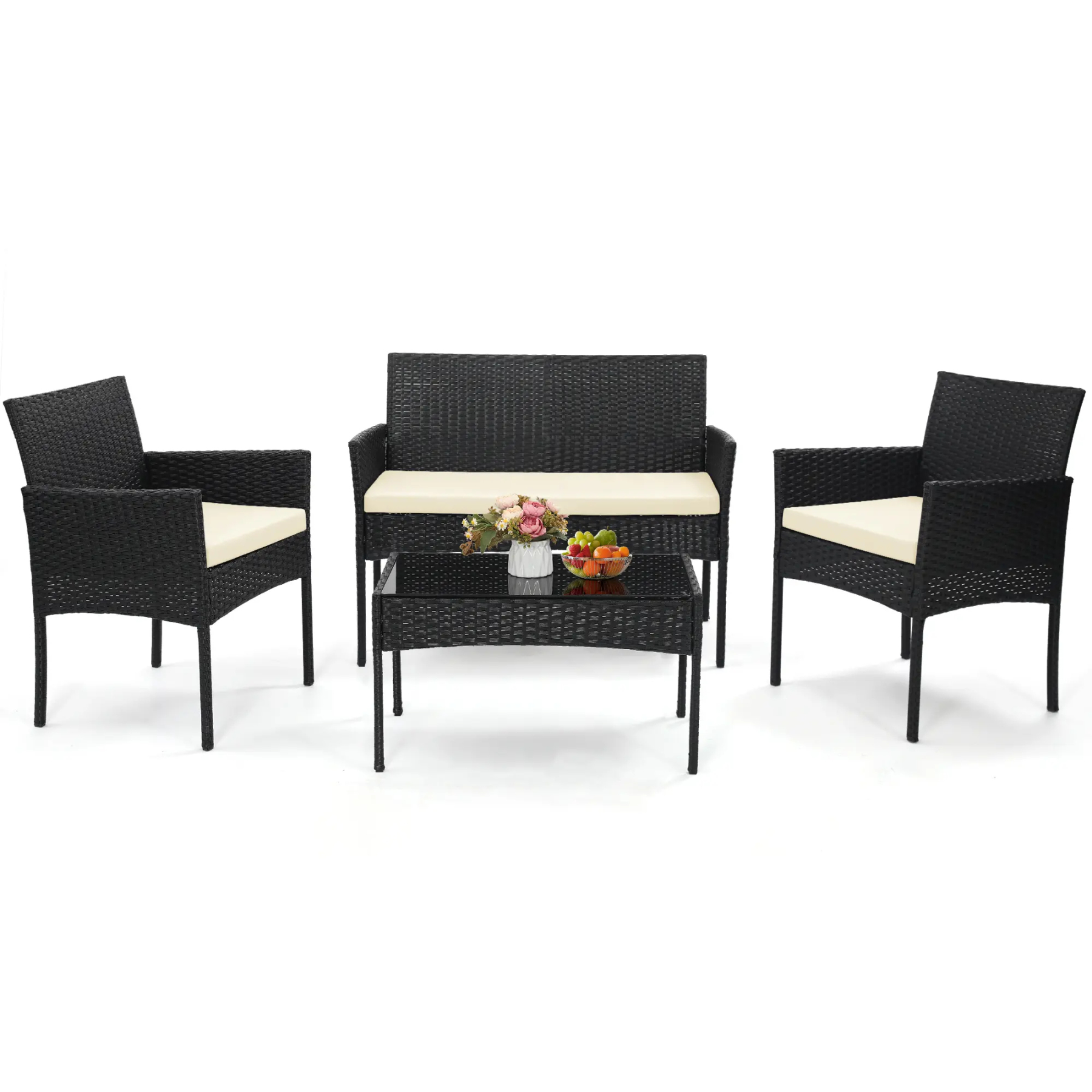 FDW - Juego de 4 Piezas de Muebles de Patio de Mimbre con Silla de ratán, Mesa de Centro para Exteriores, Interiores, jardín, Patio, Porche, terraza, balcón, Cojines de Mimbre Gris/Caqui
