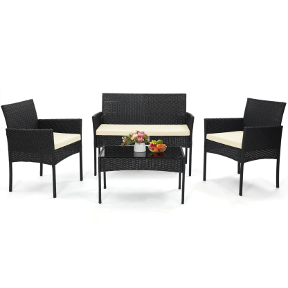 FDW - Juego de 4 Piezas de Muebles de Patio de Mimbre con Silla de ratán, Mesa de Centro para Exteriores, Interiores, jardín, Patio, Porche, terraza, balcón, Cojines de Mimbre Gris/Caqui