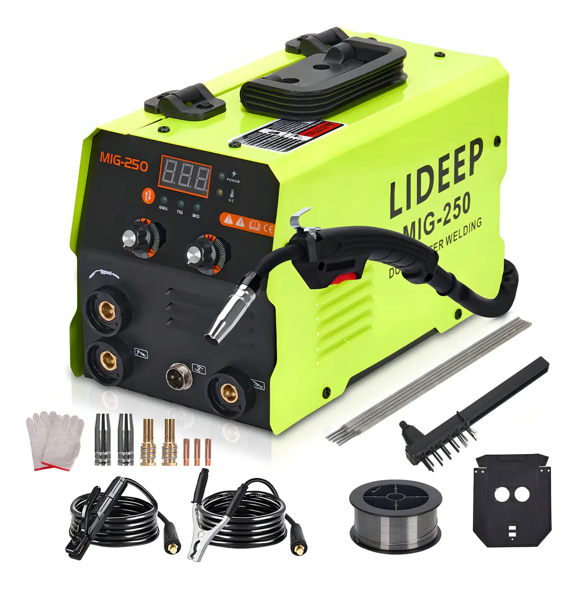 Soldadora inverter 3 en 1 LIDEEP (modelo MIG-250/300, 127 V, compatible con los modos MIG/MMA/TIG), equipada con una pantalla LCD digital; admite soldadura sin gas (con hilo tubular).