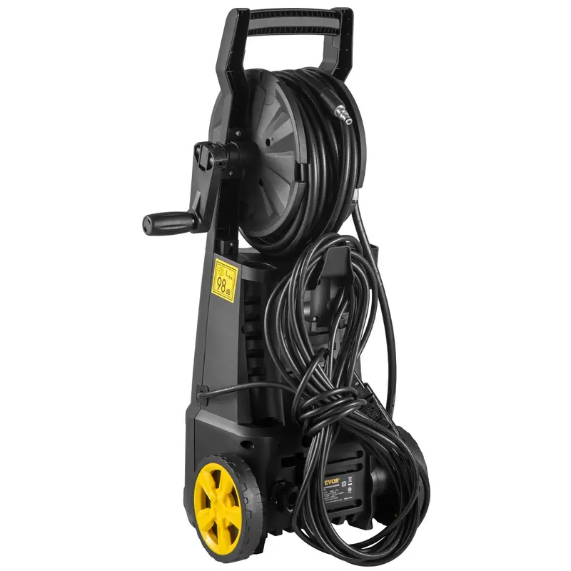 Hidrolavadora eléctrica de 2000 PSI, caudal máximo de 1.76 GPM, con manguera y carrete de 9 metros, 5 boquillas de conexión rápida, cañón de espuma, portátil para limpiar patios, coches, vallas y entradas de vehículos.