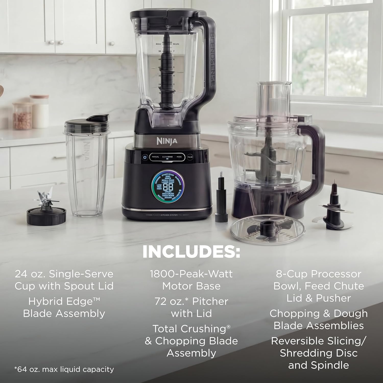 🥤NINJA Detect, Sistema de Cocina Pro, Tecnología BlendSense, Picar y Preparar Batidos, 🥗1800 Vatios de Potencia, Jaraa de 1.9L, Procesador de Alimentos, con Vaso Personal, Plateado, TB401