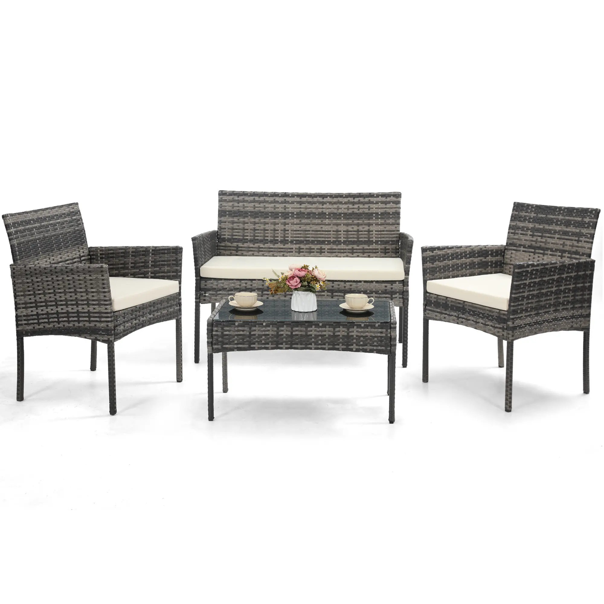 FDW - Juego de 4 Piezas de Muebles de Patio de Mimbre con Silla de ratán, Mesa de Centro para Exteriores, Interiores, jardín, Patio, Porche, terraza, balcón, Cojines de Mimbre Gris/Caqui