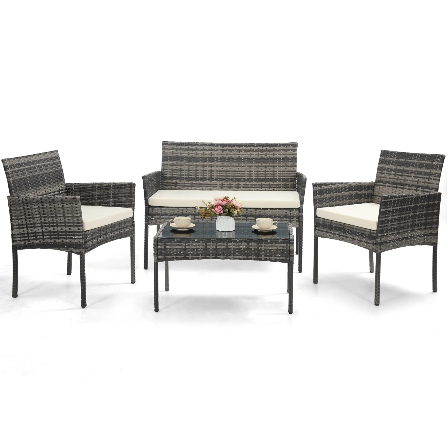 FDW - Juego de 4 Piezas de Muebles de Patio de Mimbre con Silla de ratán, Mesa de Centro para Exteriores, Interiores, jardín, Patio, Porche, terraza, balcón, Cojines de Mimbre Gris/Caqui