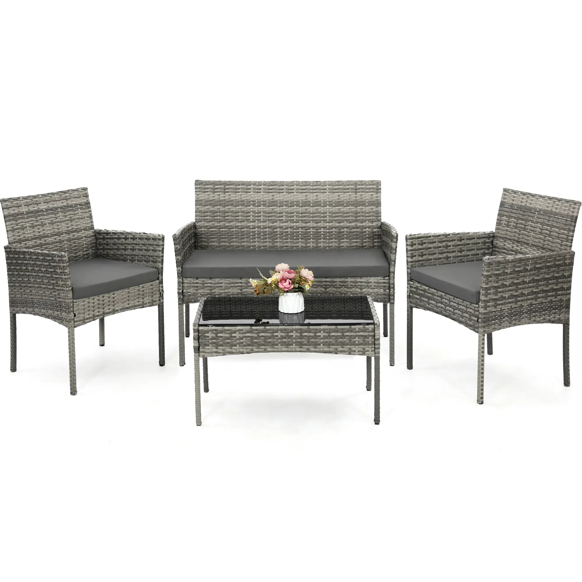 FDW - Juego de 4 Piezas de Muebles de Patio de Mimbre con Silla de ratán, Mesa de Centro para Exteriores, Interiores, jardín, Patio, Porche, terraza, balcón, Cojines de Mimbre Gris/Caqui