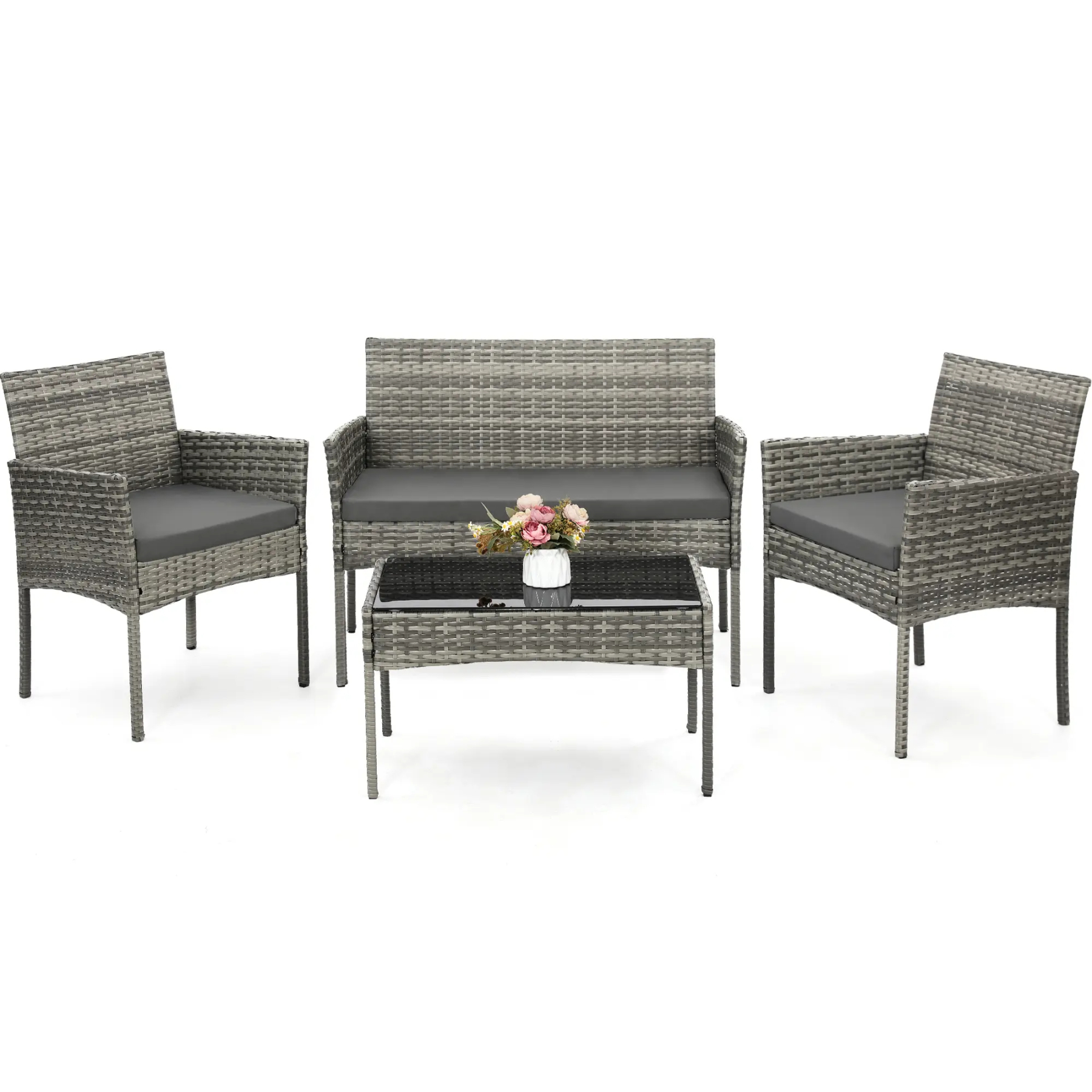 FDW - Juego de 4 Piezas de Muebles de Patio de Mimbre con Silla de ratán, Mesa de Centro para Exteriores, Interiores, jardín, Patio, Porche, terraza, balcón, Cojines de Mimbre Gris/Caqui