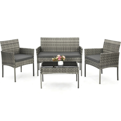 FDW - Juego de 4 Piezas de Muebles de Patio de Mimbre con Silla de ratán, Mesa de Centro para Exteriores, Interiores, jardín, Patio, Porche, terraza, balcón, Cojines de Mimbre Gris/Caqui