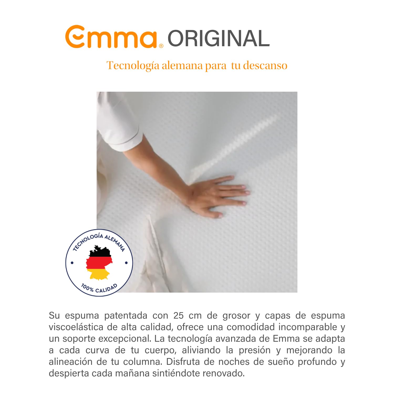 Colchón Emma de 3 Capas con Memory Foam, Altura Total de 25 cm, Firmeza Media y Funda Transpirable Lavable