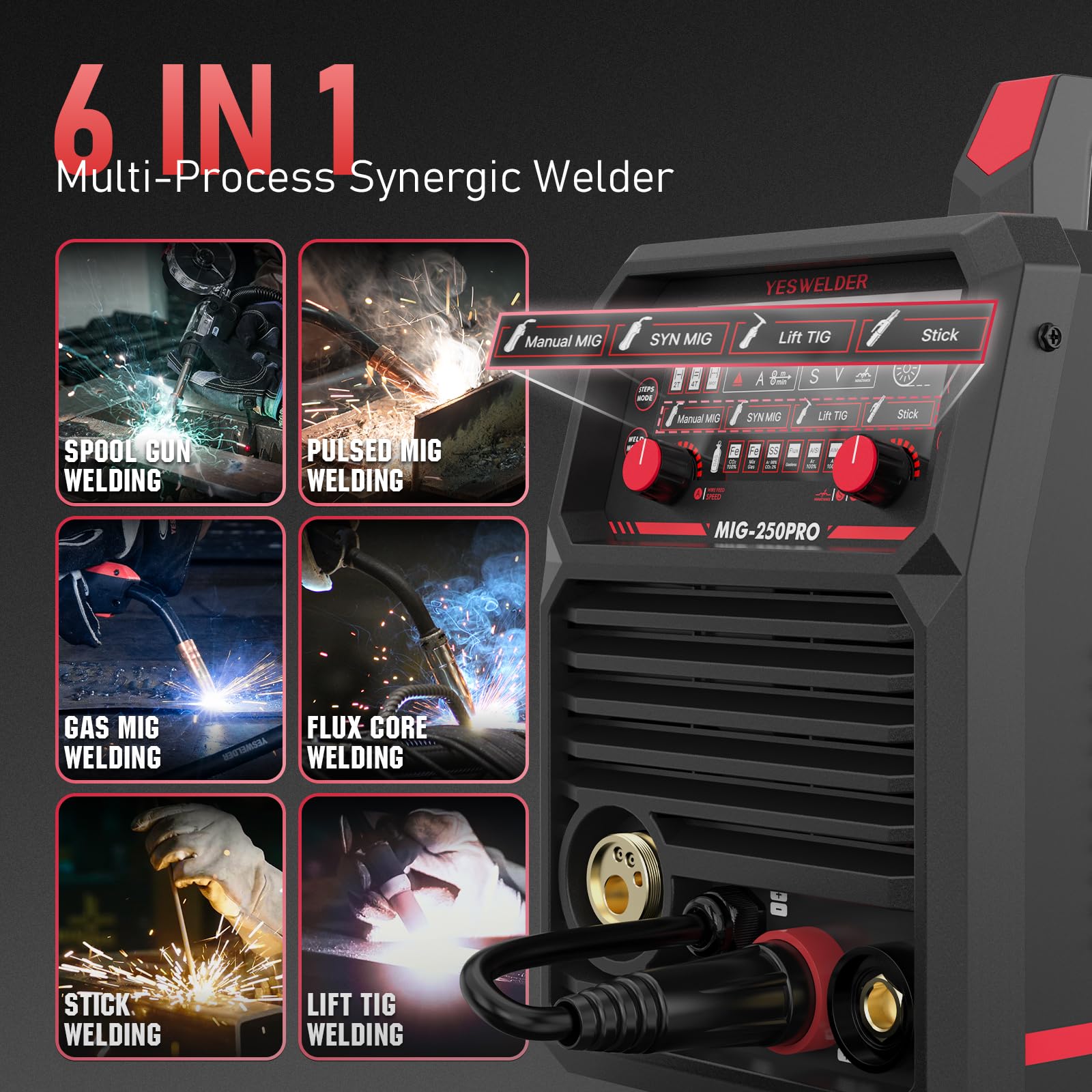 Máquina de Soldar Inverter Multifunción MIG/TIG/Stick, Flux Core, 3 en 1 a 6 en 1, Hasta 250A