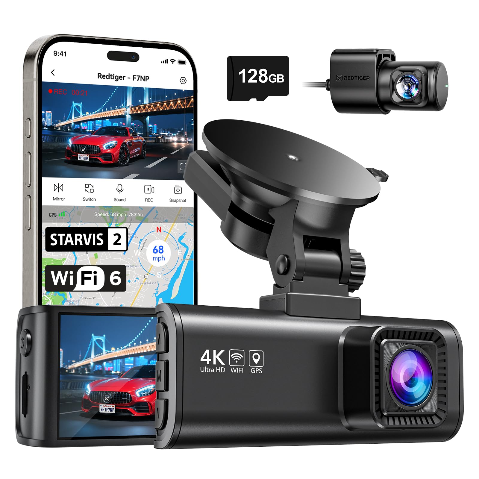 REDTIGER Cámara para Auto 4K, Wi-Fi 6 de 5.8GHz y GPS, Tarjeta SD de 128GB Incluida, STARVIS 2, HDR, Pantalla IPS de 3.18", Gran Angular, Visión Nocturna, Grabación en Bucle, Sensor G, Soporta hasta 512GB, F7NP