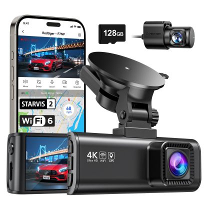 REDTIGER Cámara para Auto 4K, Wi-Fi 6 de 5.8GHz y GPS, Tarjeta SD de 128GB Incluida, STARVIS 2, HDR, Pantalla IPS de 3.18", Gran Angular, Visión Nocturna, Grabación en Bucle, Sensor G, Soporta hasta 512GB, F7NP