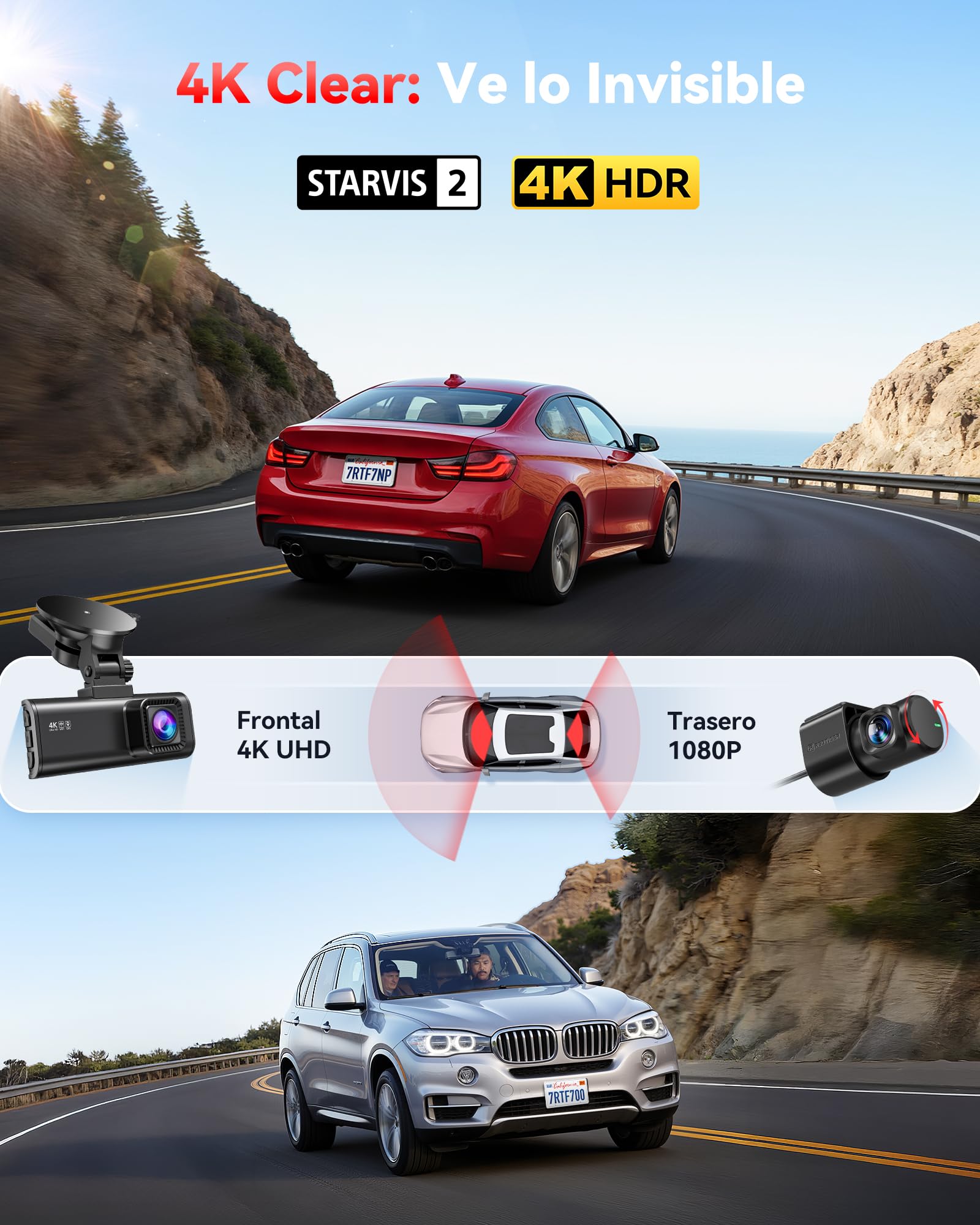 REDTIGER Cámara para Auto 4K, Wi-Fi 6 de 5.8GHz y GPS, Tarjeta SD de 128GB Incluida, STARVIS 2, HDR, Pantalla IPS de 3.18", Gran Angular, Visión Nocturna, Grabación en Bucle, Sensor G, Soporta hasta 512GB, F7NP