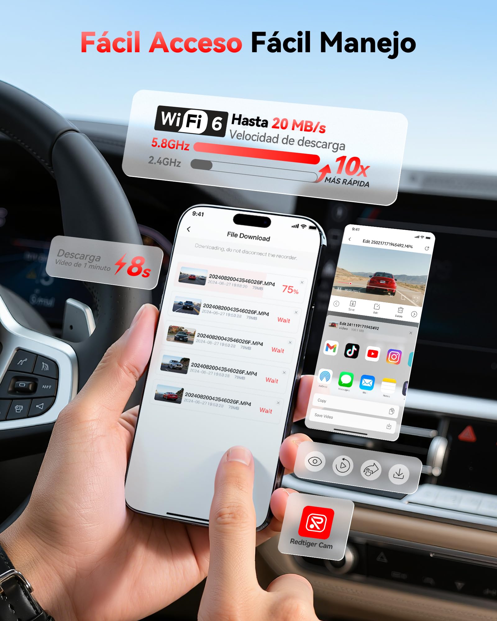 REDTIGER Cámara para Auto 4K, Wi-Fi 6 de 5.8GHz y GPS, Tarjeta SD de 128GB Incluida, STARVIS 2, HDR, Pantalla IPS de 3.18", Gran Angular, Visión Nocturna, Grabación en Bucle, Sensor G, Soporta hasta 512GB, F7NP