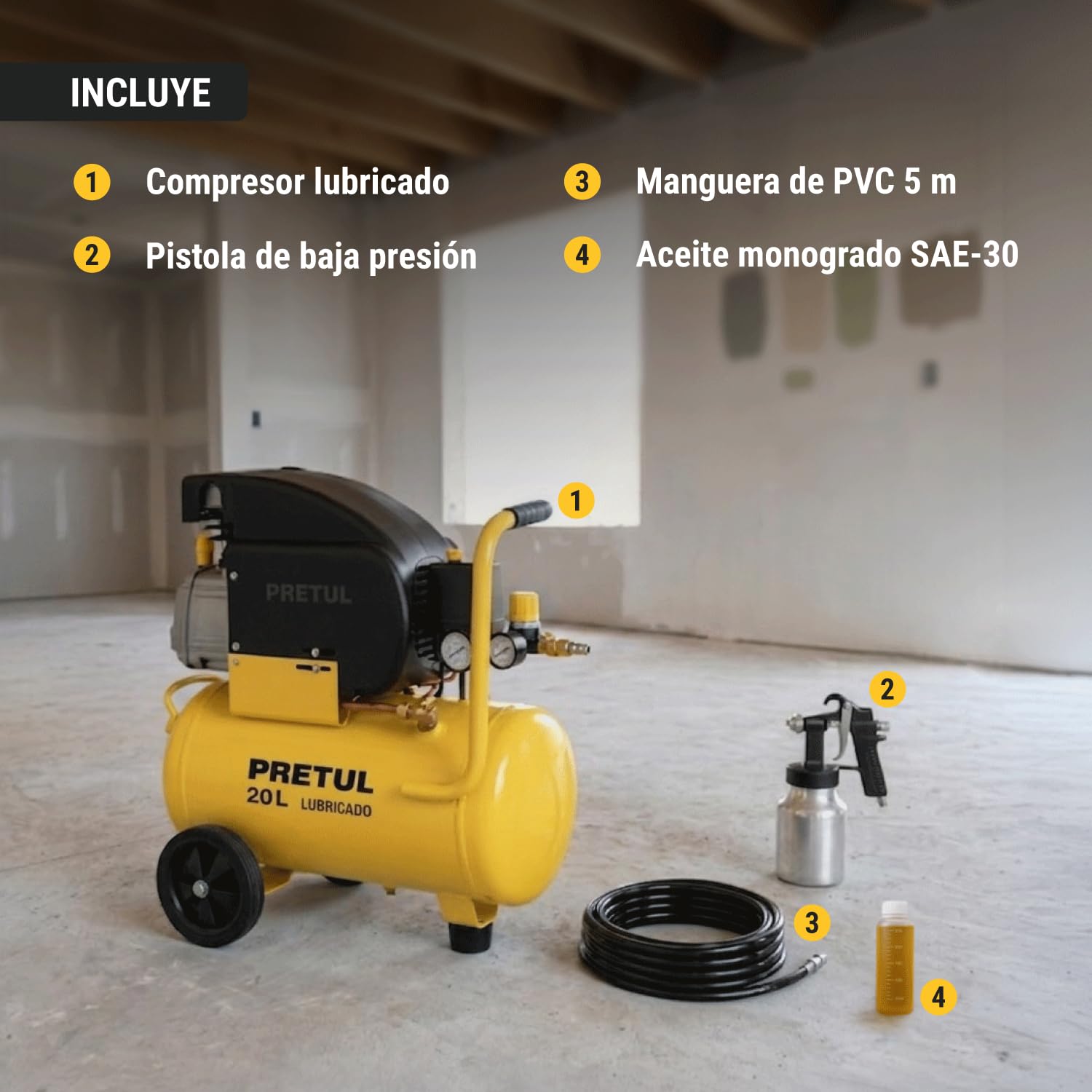 Pretul COMP-KIT20P, Kit compresor 20 L, 2-1/2 HP, manguera PVC y pistola