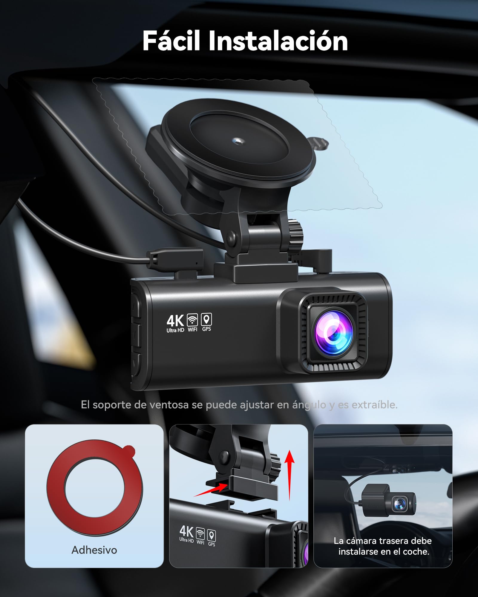 REDTIGER Cámara para Auto 4K, Wi-Fi 6 de 5.8GHz y GPS, Tarjeta SD de 128GB Incluida, STARVIS 2, HDR, Pantalla IPS de 3.18", Gran Angular, Visión Nocturna, Grabación en Bucle, Sensor G, Soporta hasta 512GB, F7NP