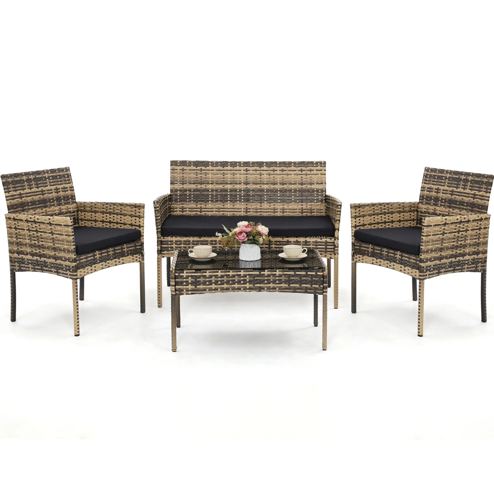 FDW - Juego de 4 Piezas de Muebles de Patio de Mimbre con Silla de ratán, Mesa de Centro para Exteriores, Interiores, jardín, Patio, Porche, terraza, balcón, Cojines de Mimbre Gris/Caqui