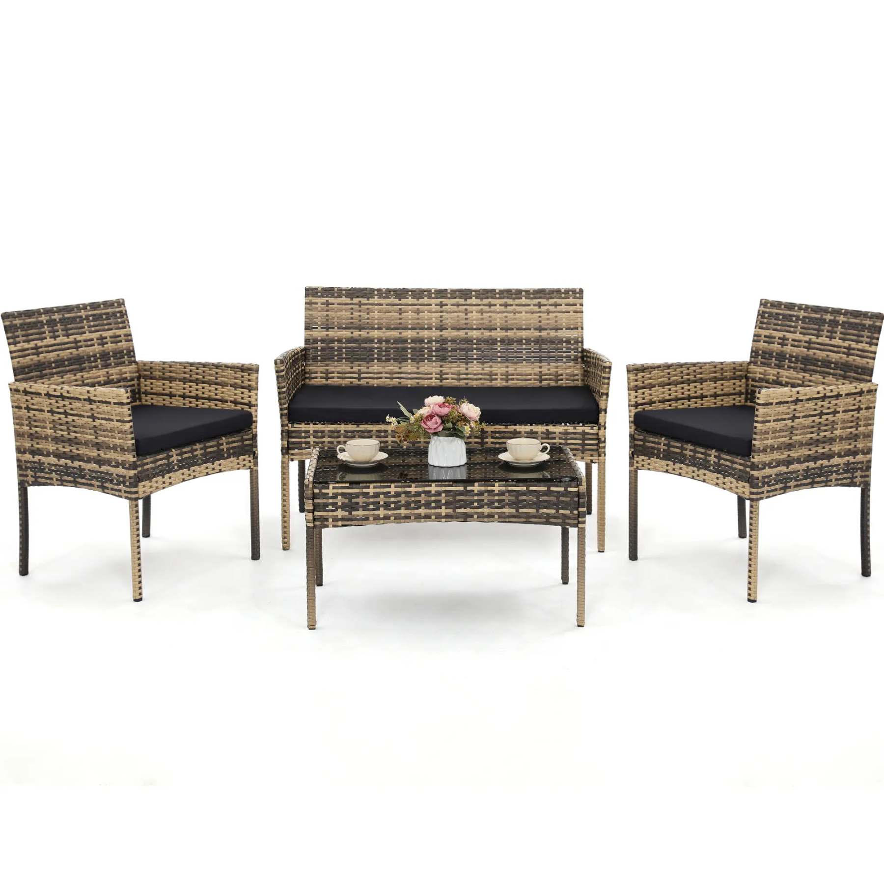 FDW - Juego de 4 Piezas de Muebles de Patio de Mimbre con Silla de ratán, Mesa de Centro para Exteriores, Interiores, jardín, Patio, Porche, terraza, balcón, Cojines de Mimbre Gris/Caqui