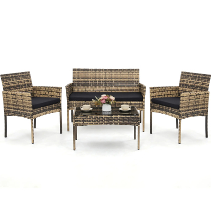 FDW - Juego de 4 Piezas de Muebles de Patio de Mimbre con Silla de ratán, Mesa de Centro para Exteriores, Interiores, jardín, Patio, Porche, terraza, balcón, Cojines de Mimbre Gris/Caqui