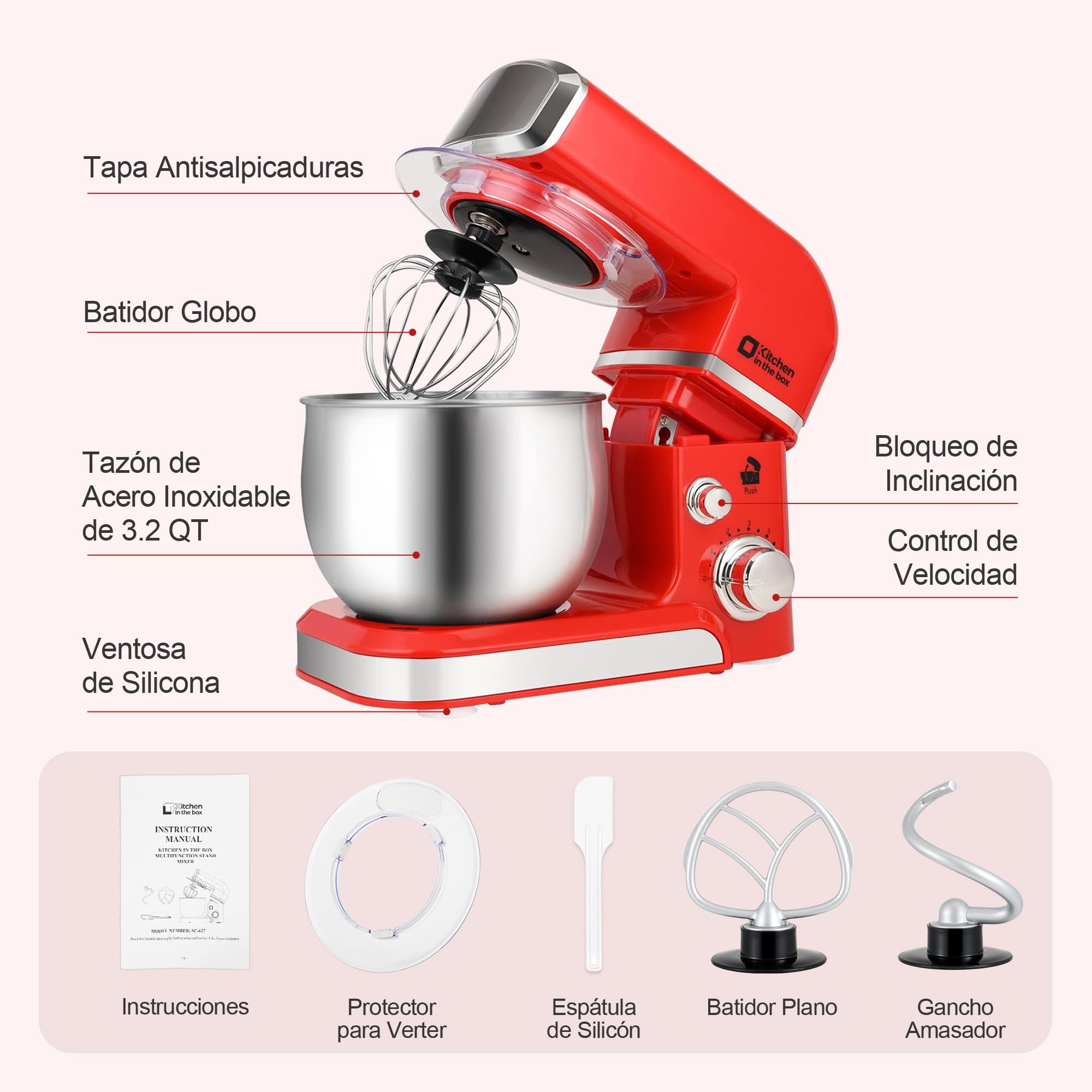 Kitchen in the Box Batidora de Pedestal de 3.2 Qt con 6 Velocidades | Ligera y Portátil | Incluye 3 Accesorios para Uso Diario