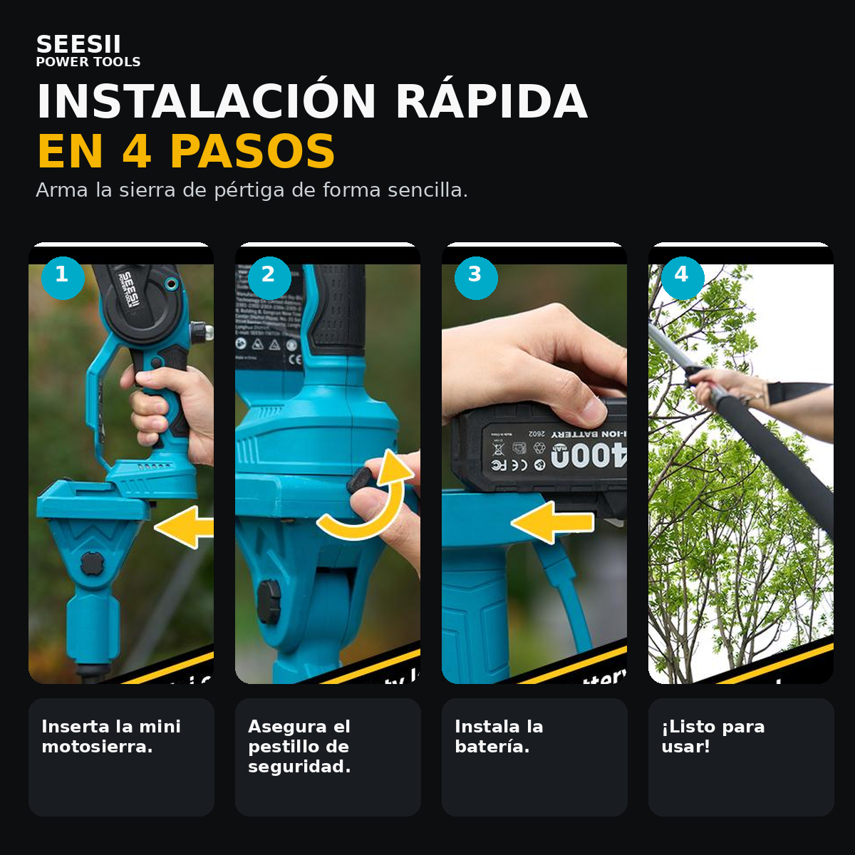 SEESII Motosierra 2 en 1 con Pértiga, Incluye 2 Baterías, Alcance de hasta 16 FT para Corte y Poda de Árboles, P8 Ace/P6 Ace CH800