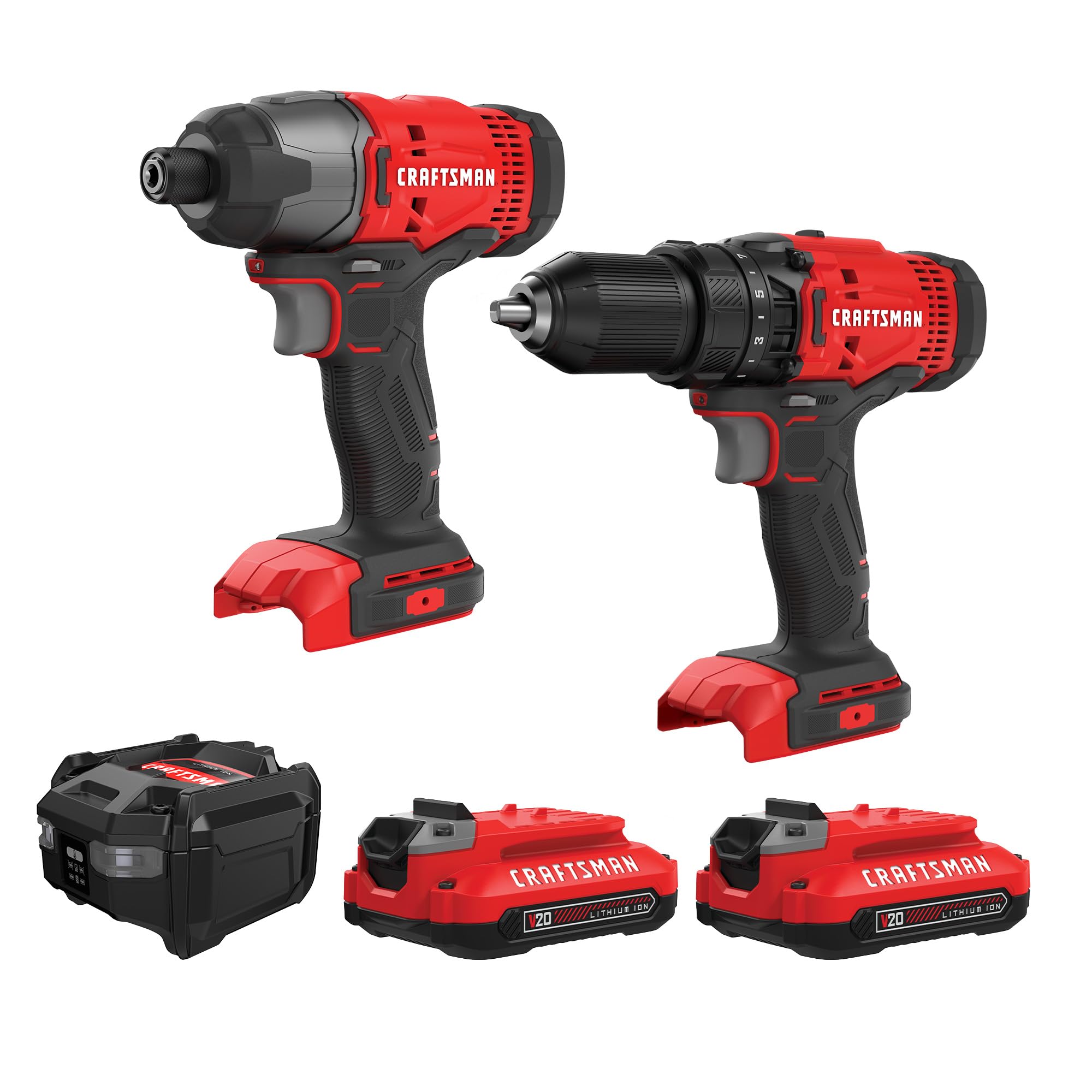 CRAFTSMAN Kit Taladro Inalámbrico y Atornillador de Impacto, 20V, Incluye 2 Baterías y Bolsa de Herramientas, CMCK200C2