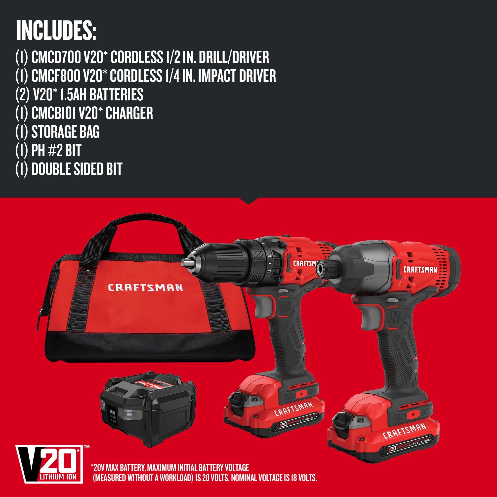 CRAFTSMAN Kit Taladro Inalámbrico y Atornillador de Impacto, 20V, Incluye 2 Baterías y Bolsa de Herramientas, CMCK200C2