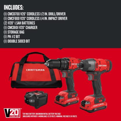 CRAFTSMAN Kit Taladro Inalámbrico y Atornillador de Impacto, 20V, Incluye 2 Baterías y Bolsa de Herramientas, CMCK200C2