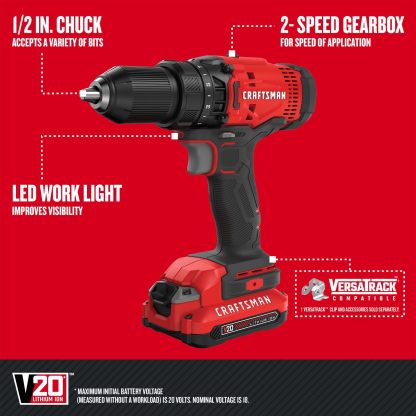 CRAFTSMAN Kit Taladro Inalámbrico y Atornillador de Impacto, 20V, Incluye 2 Baterías y Bolsa de Herramientas, CMCK200C2